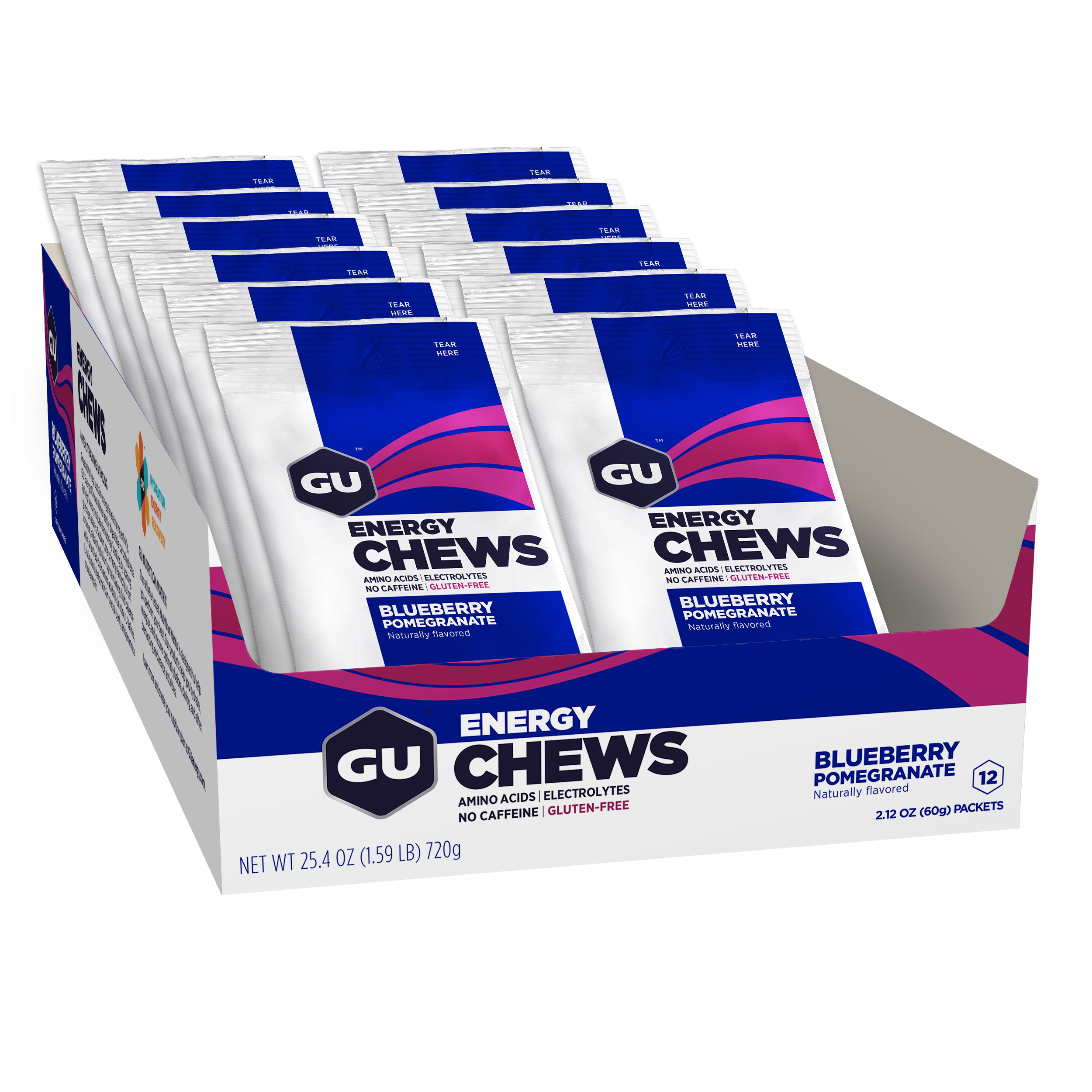 GU Energy Chews Fruchtgummis 12 x 60 Gramm MHD 19.03.2024 Blueberry Pomegranate Heidelbeere Granatap